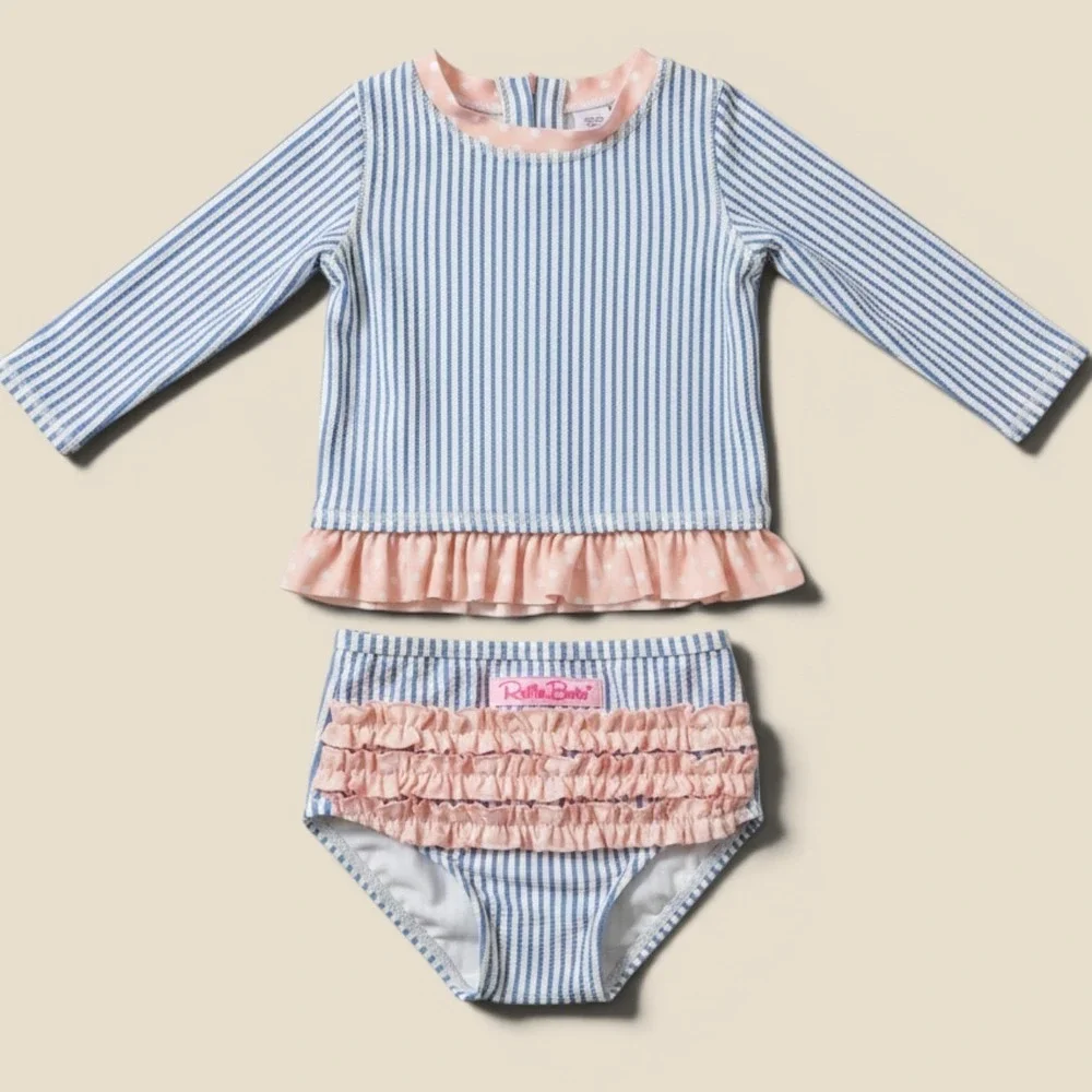 RuffleButts Girls Blue‎ Seersucker Striped Rash Guard Swimsuit Set 18-24M